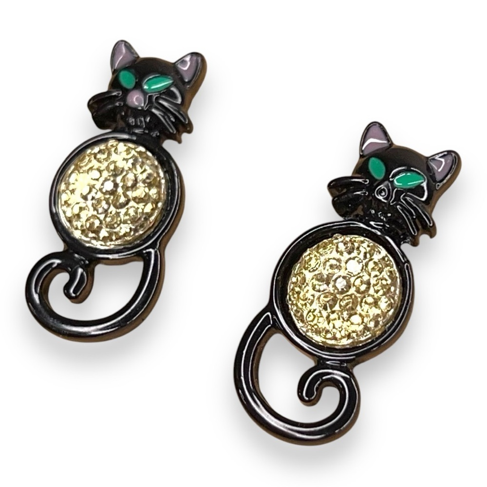 VINTAGE BLACK CAT EARRINGS GREEN EYES GOTH RETRO HALLOWEEN GEM